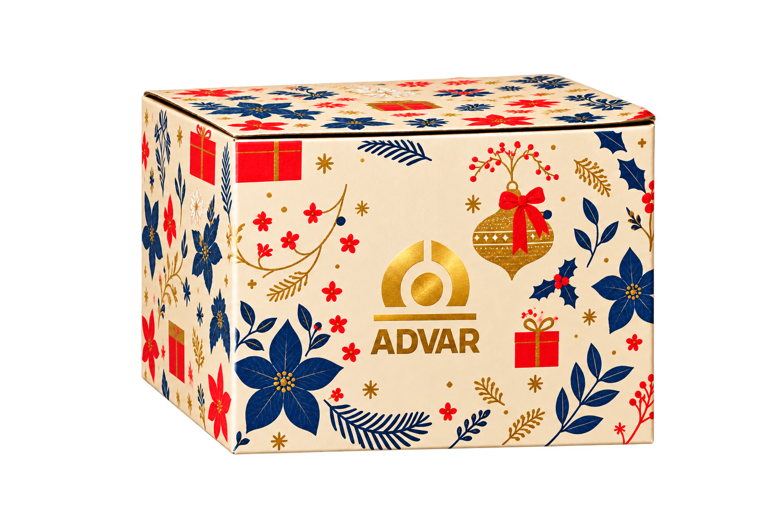 Scatola natalizia beige ADVAR su sfondo trasparente